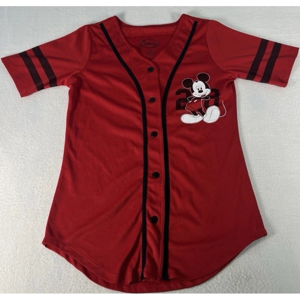 Disney Mickey Mouse #28 Baseball Jersey Womens Medium Red Button Front Top Shirt